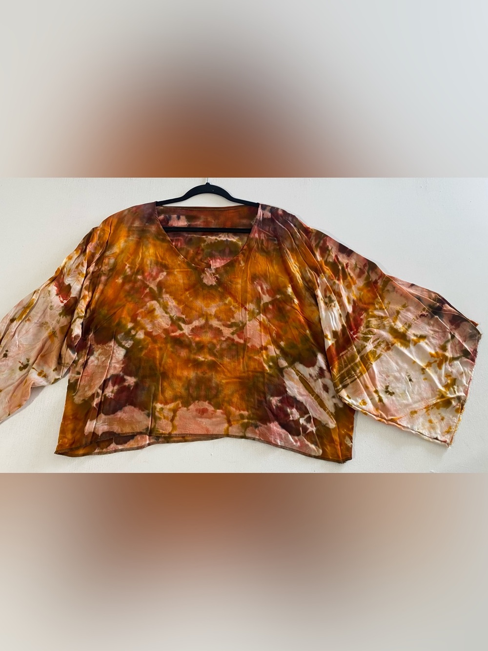Handmade Tie-Dye Short Sleeve Blouse in Rust, Olive & Pink